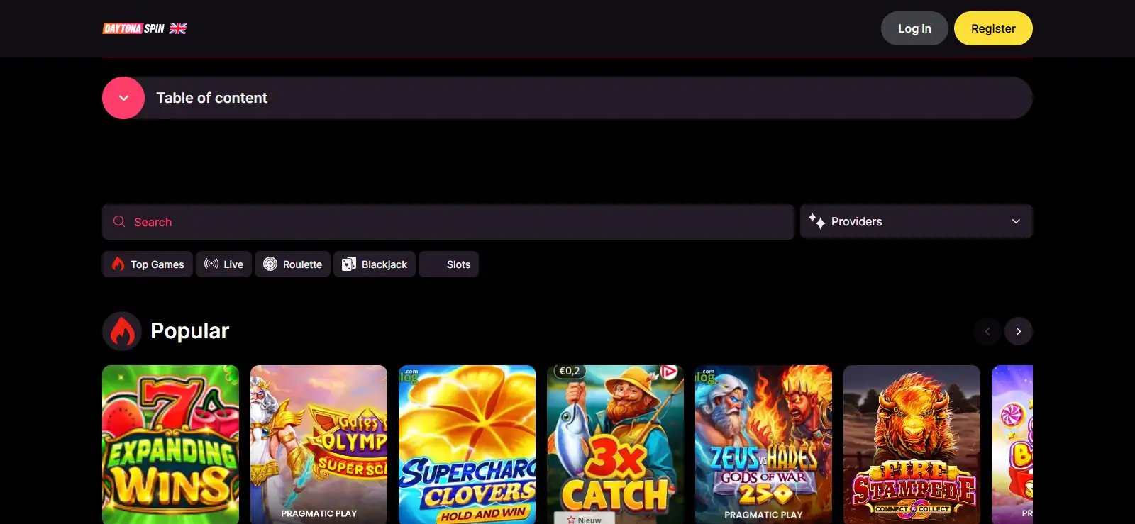 Current Daytona Spin casino lobby or game-category interface