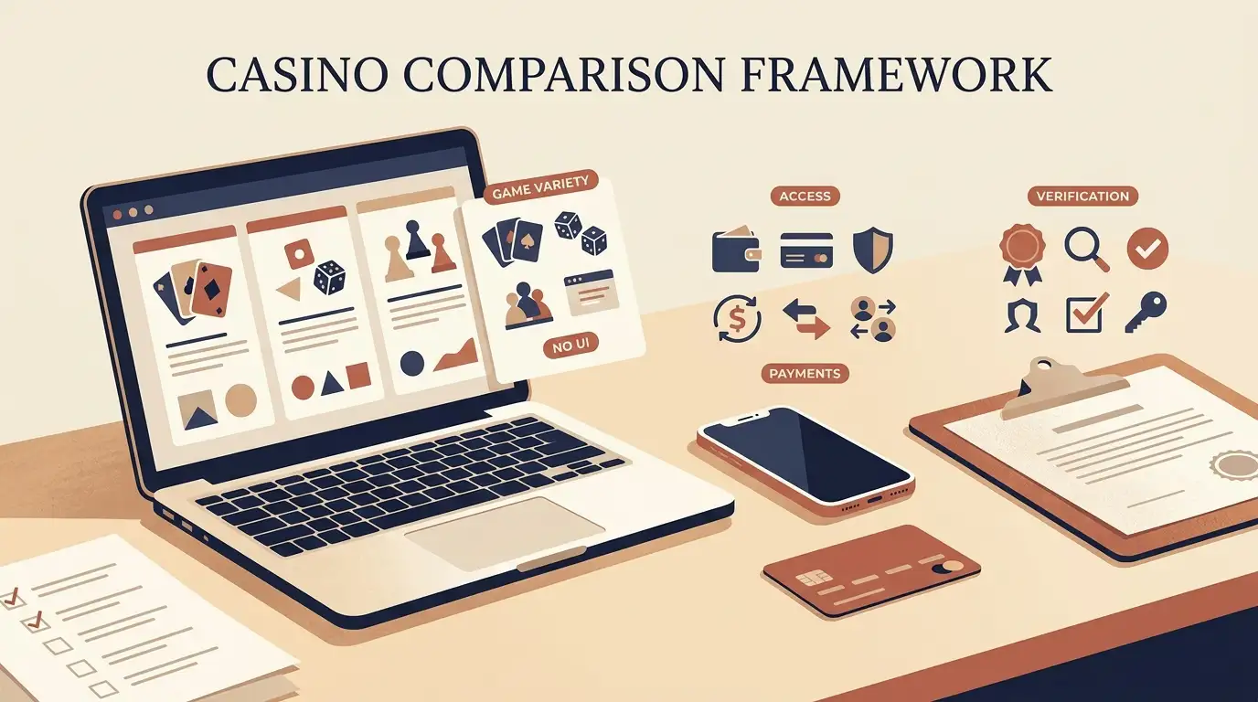 General illustration of a UK player comparing casino features payments and licensing checks