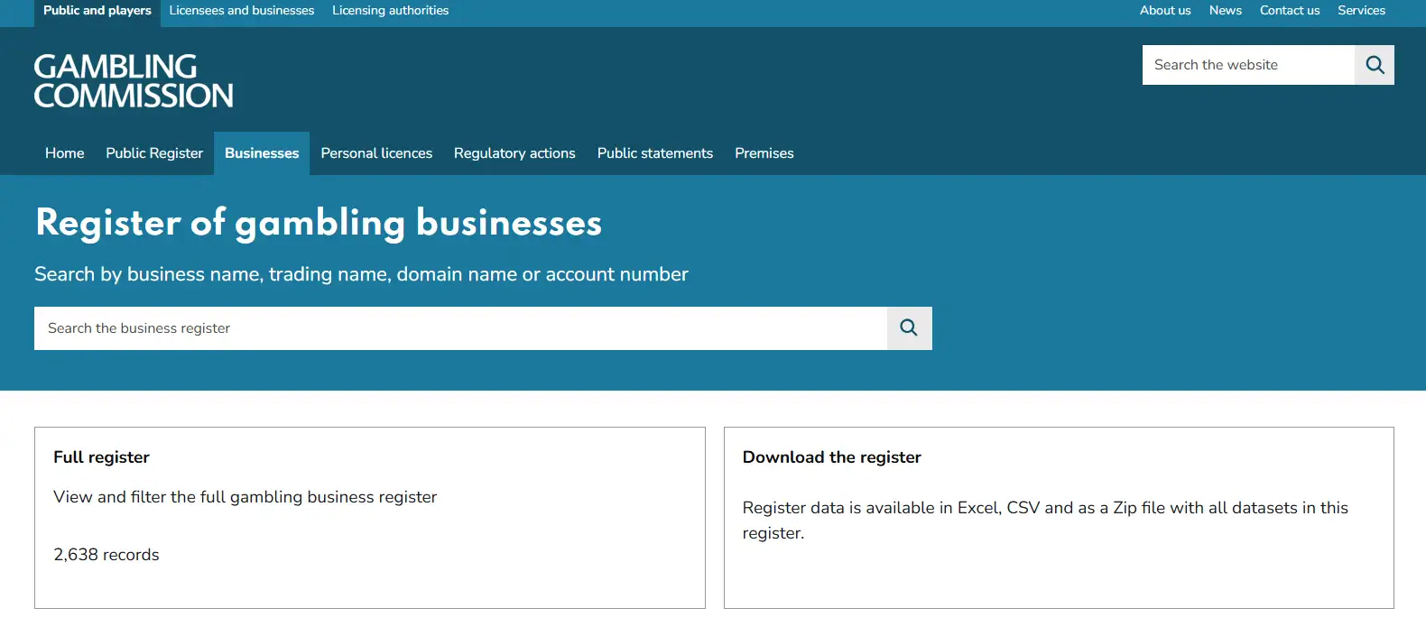 UK Gambling Commission public register search interface